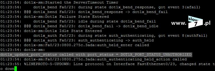 56 (Pobrane z slow7.pl) poświadczenia. Port f0/23 przełącznika nie został autoryzowany.