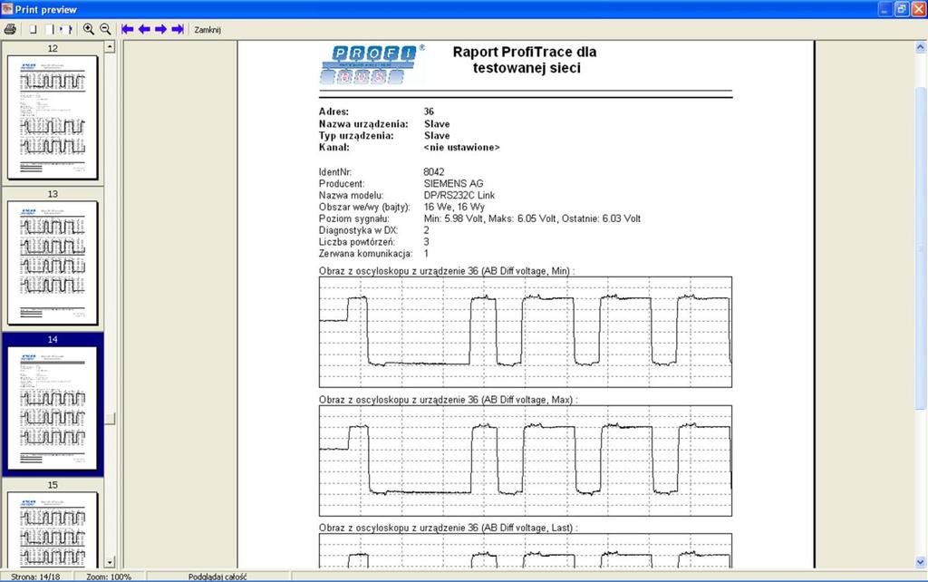 Rys. 36 Pomiary z oscyloskopu w raporcie Version 5.