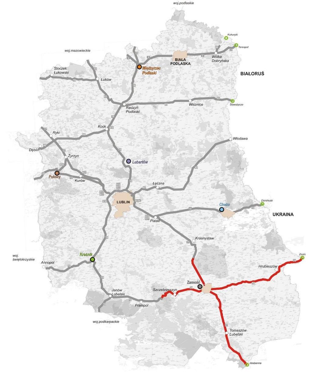 Mapa sieci dróg krajowych w województwie lubelskim w tym