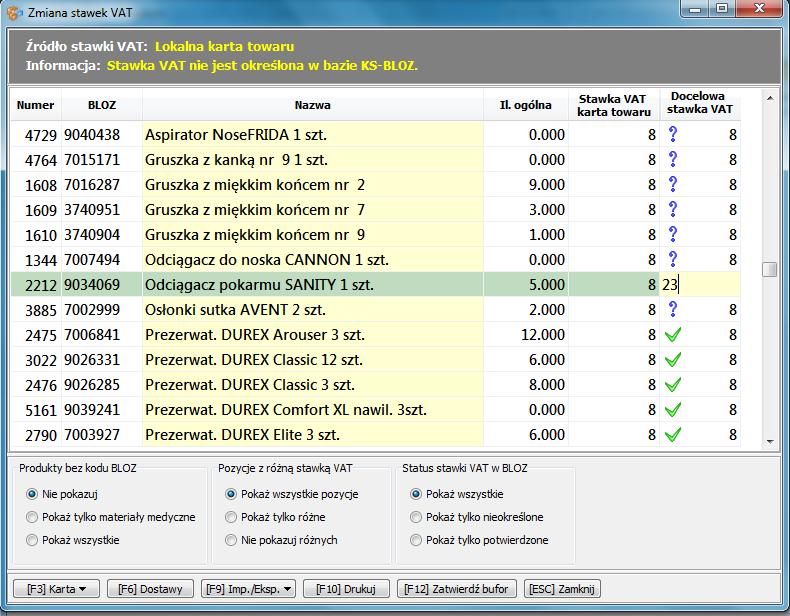 Dla wszystkich produktów, których stawki VAT nie są określone lub produkty nie są przypisane do bazy KS-BLOZ (pusta kolumna z nazwą z KS-BLOZ) należy zweryfikować poziom