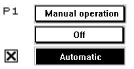 1 Tryb pracy pompy * Nastawienie trybu pracy pompytryb ręczny (Manual operation) (sieć), tryb automatyczny (Automatic) (sieć lub FU) lub wyłączona (Off) (sterowanie nie może włączyć pompy 1.