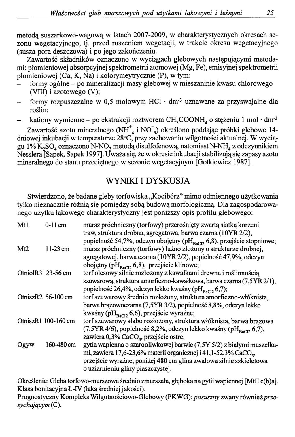 Właściwości gleb murszowych pod użytkami łąkowymi i leśnymi 25 metodą suszarkowo-wagową w latach 2007-2009, w charakterystycznych okresach sezonu wegetacyjnego, tj.