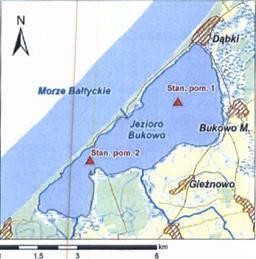 Rysunek 11. Lokalizacja stanowisk pomiarowych na jeziorze Buków badanym w 2009 roku Źródło: Dane z WIOŚ w Szczecinie Stan ekologiczny wód został określony jako zły, co odpowiada V klasie czystości.