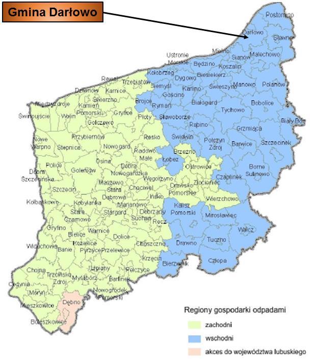 odpadami. Wyróżnionych zostały 2 regiony: zachodni oraz wschodni. Gmina Darłowo należy do regionu wschodniego. Rysunek 16.