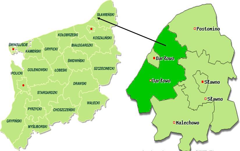 4. Charakterystyka Gminy 4.1. Położenie administracyjne i geograficzne POŁOŻENIE ADMINISTRACYJNE Gmina wiejska Darłowo położona jest w północno-wschodniej części województwa zachodniopomorskiego.