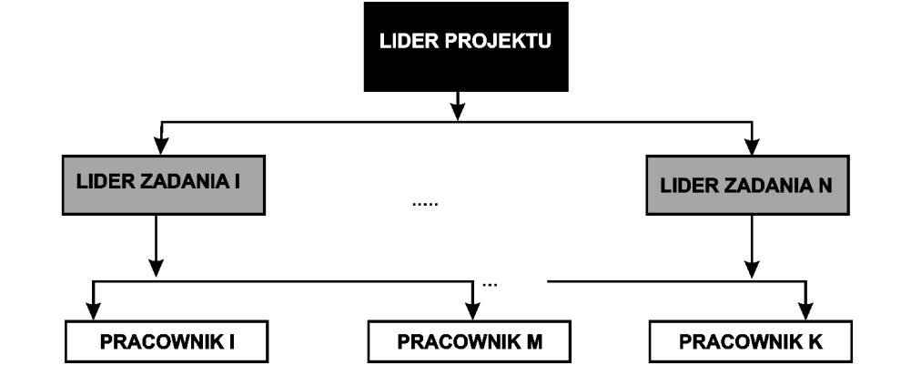 Zarządzanie i informatyka cz. IV Rysunek IV.6. Tradycyjny trójpoziomowy system organizacji zespołu projektowego Źródło: opracowanie własne.