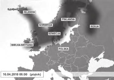 Zasięg rozprzestrzenienia pyłu wulkanicznego wyrzucanego przez islandzki wulkan Eyjafjallajökull w kwietniu 2010 roku (za: Gazeta Wyborcza, kwiecień 2010) The extent of volcanic ash thrown up by the