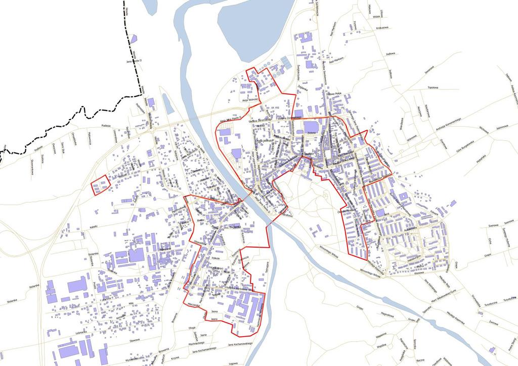 Poniżej zamieszczono mapę obszaru do rewitalizacji. Obszar zaznaczony jest czerwoną obwiednią. Mapa 37.