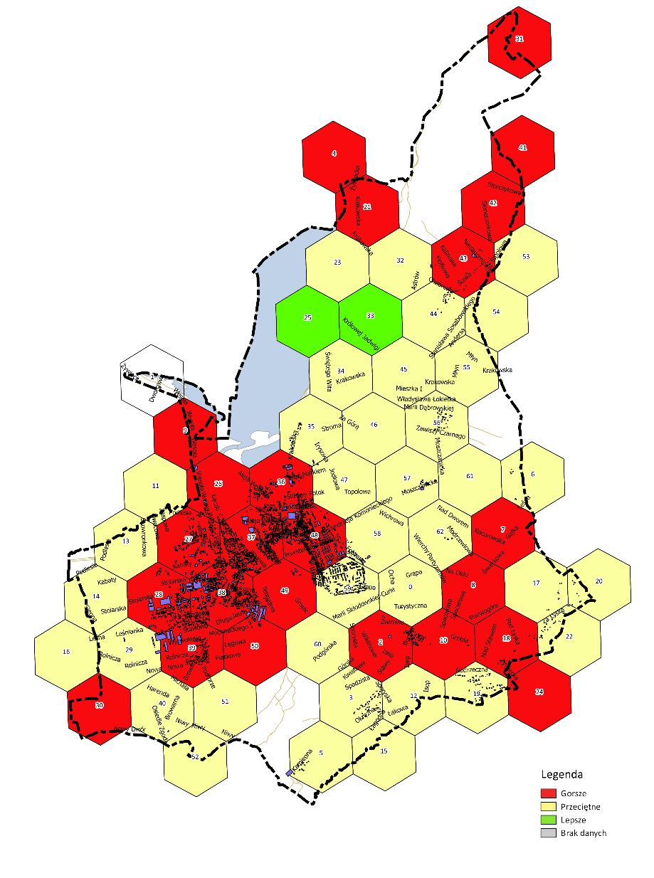 Mapa 3. Ocena wykorzystania potencjału gospodarczego Miasta Żywiec. Źródło: Specjalistyczne opracowanie diagnozy gospodarczej Miasta Żywiec, 2017.