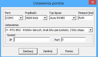 Następnie deklarujemy parametry portu komunikacyjnego, pod którym zainstalował się konwerter PD10 (w tym przypadku COM3).