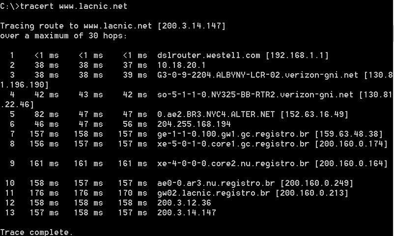 g. Wpisz tracert www.lacnic.net. Co dzieje się podczas przeskoku 7? Część 3. Śledzenie trasy do zdalnego serwera za pomocą stron internetowych i oprogramowania narzędziowego Krok 1.