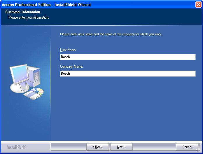 48 pl Instalacja Access Professional 3.5 Informacja o kliencie W przewidzianych polach wpisać nazwę użytkownika i informacje o firmie.