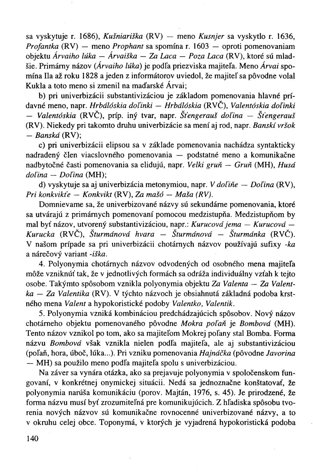 sa vyskytuje r. 1686), Kušniariška (RV) meno Kusnjer sa vyskytlo r. 1636, Profantka (RV) meno Prophant sa spomína r.
