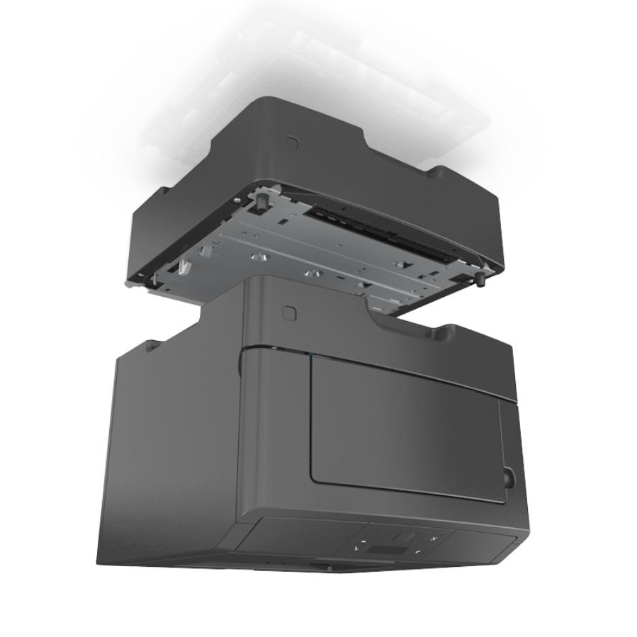Dodatkowa konfiguracja drukarki 18 5 Włóż zasobnik do podstawy. 6 Umieść zasobnik w pobliżu drukarki. 7 Wyrównaj drukarkę z zasobnikiem i wolno opuść drukarkę na miejsce.
