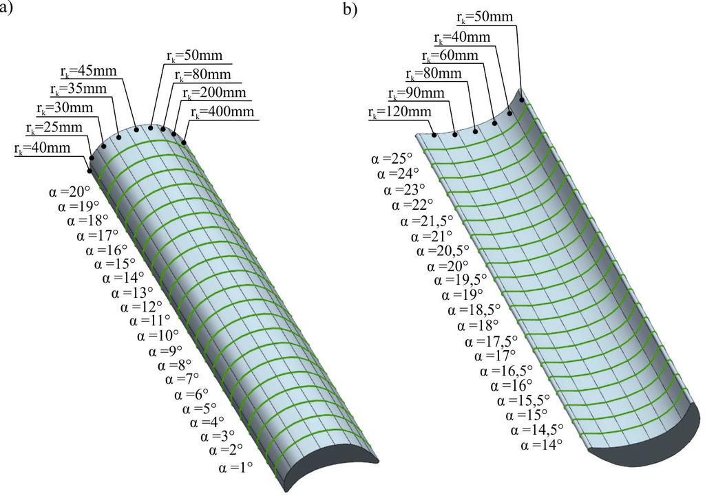 Parametry technologiczne procesu obróbki przyjęto jako stałe dla każdej z obrabianych powierzchni: posuw na ostrze: f z =0.14 mm/ostrze, szerokość skrawania: a e =1.5 mm, głębokość skrawania: a p =0.