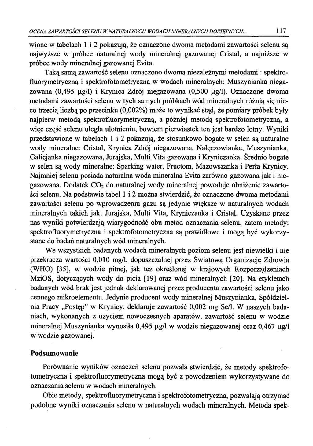 OCENA ZAWARTOŚCI SELENU W NATURALNYCH WODACH MINERALNYCH DOSTĘPNYCH.