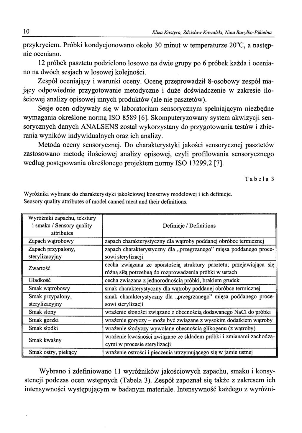 10 Eliza Kostyra, Zdzisław Kowalski, Nina Baryłko-Pikielna przykryciem. Próbki kondycjonowano około 30 minut w temperaturze 20 C, a następnie oceniano.