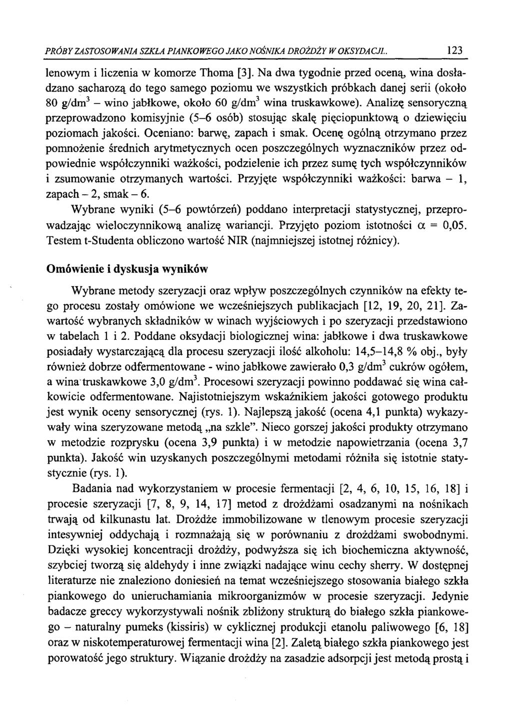 PRÓBY ZASTOSOWANIA SZKŁA PIANKOWEGO JAKO NOŚNIKA DROŻDŻY W OKSYDACJI.. 123 lenowym i liczenia w komorze Thoma [3].