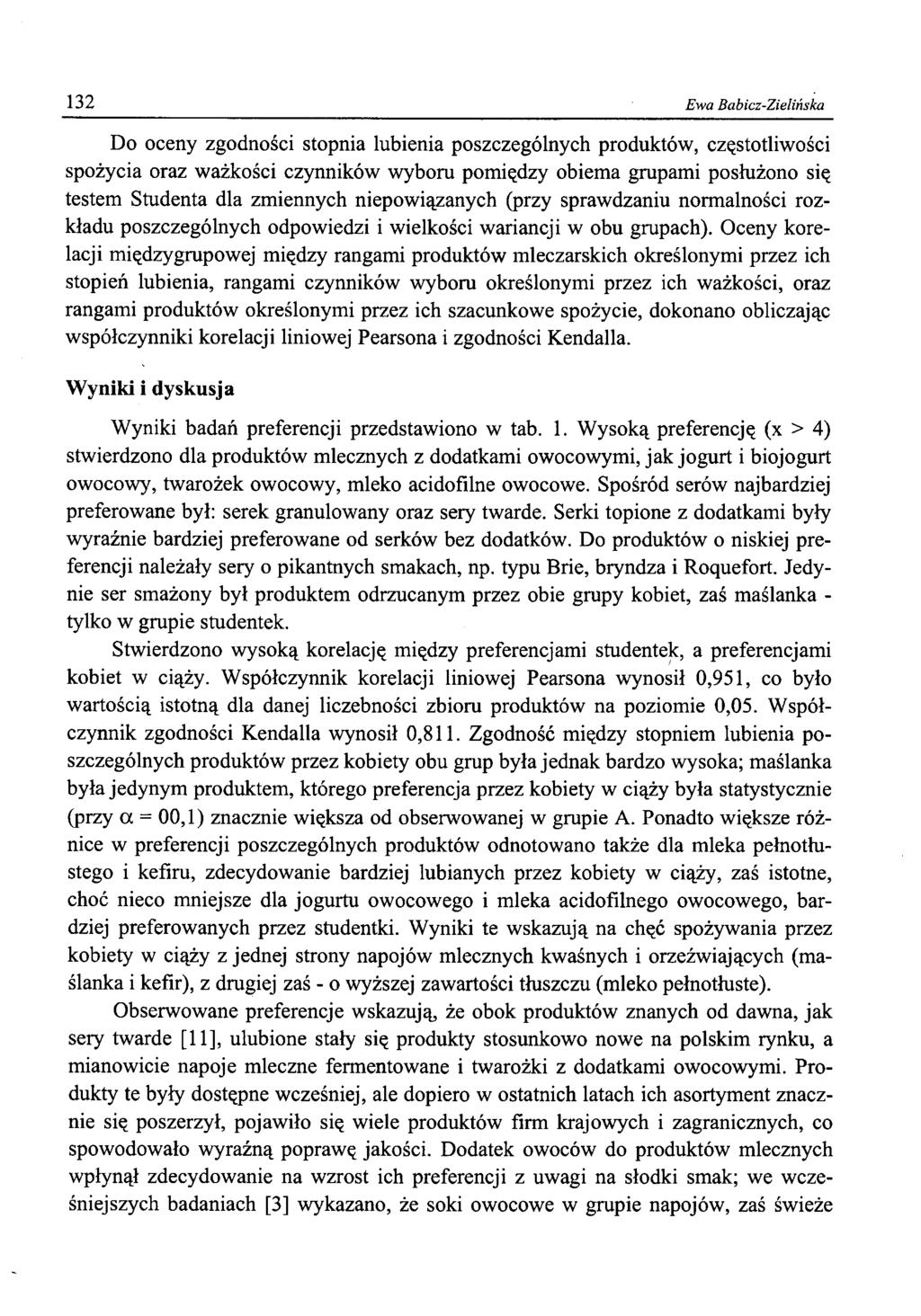 132 Ewa Babicz-Zielińska Do oceny zgodności stopnia lubienia poszczególnych produktów, częstotliwości spożycia oraz ważkości czynników wyboru pomiędzy obiema grupami posłużono się testem Studenta dla