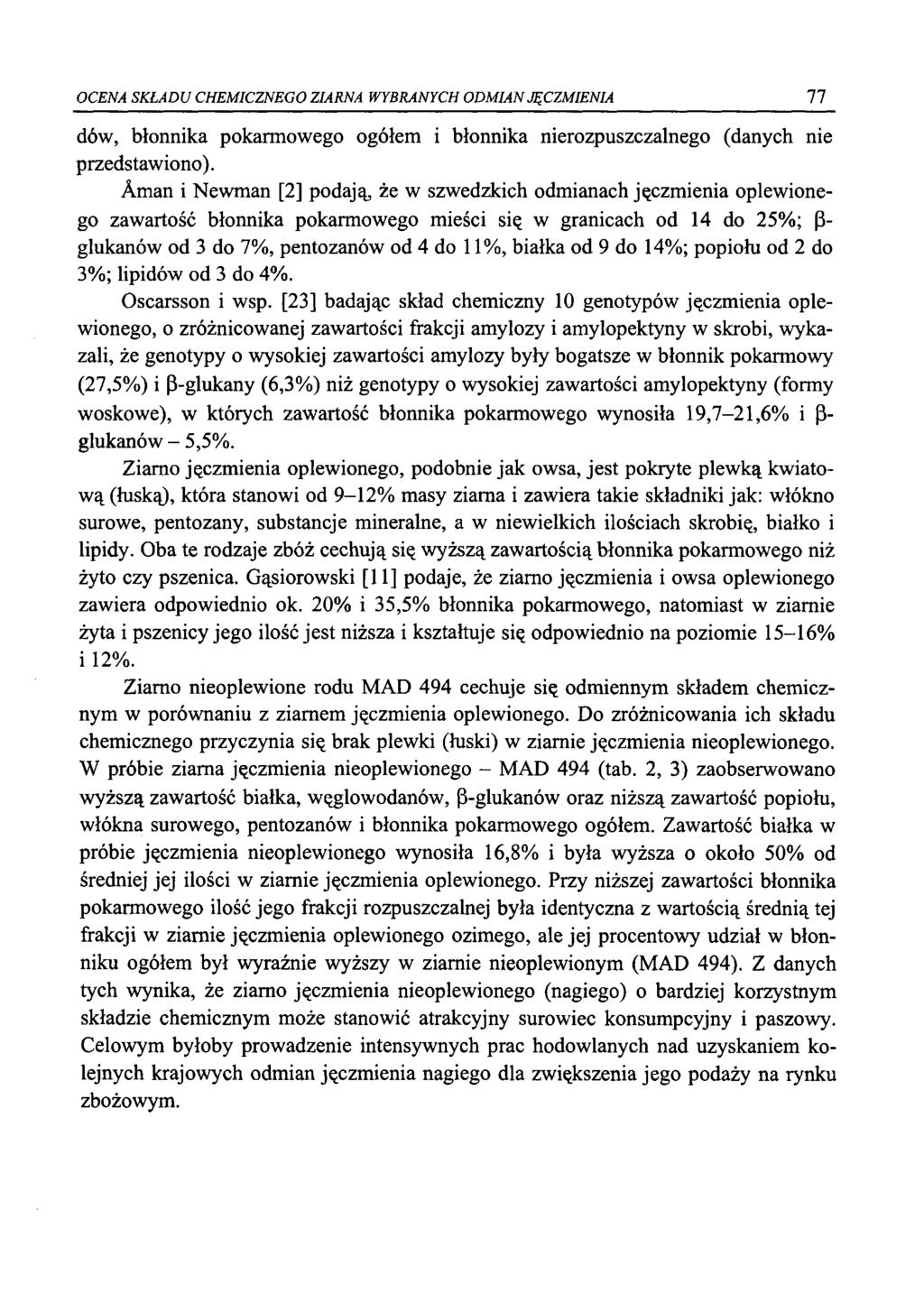 OCENA SKŁADU CHEMICZNEGO ZIARNA WYBRANYCH ODMIAN JĘCZMIENIA 77 dów, błonnika pokarmowego ogółem i błonnika nierozpuszczalnego (danych nie przedstawiono).