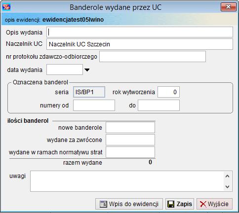 Aby zaewidencjonować nowe banderole pobrane z UC należy wcisnąć przycisk <Dodaj>. Po uzupełnieniu danych należy kliknąć przycisk Wpis do ewidencji.