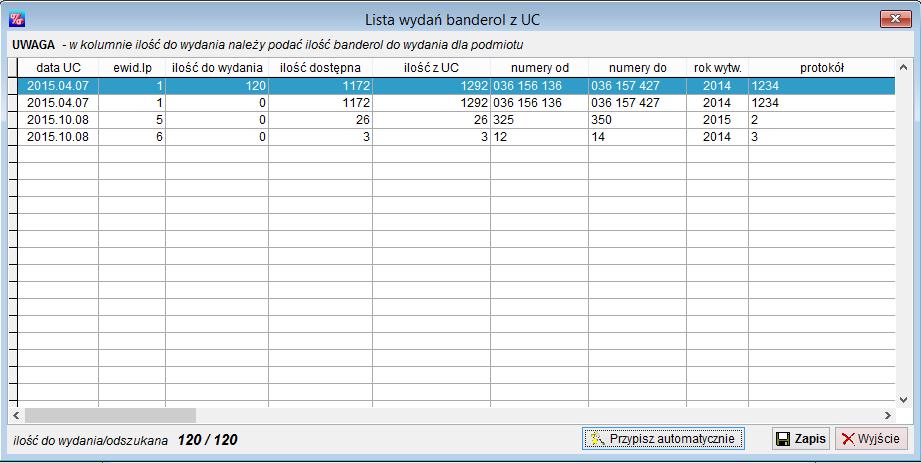 należy podać ilość banderol do wydania dla podmiotu lub skorzystać z przycisku Przypisz automatycznie banderole są wówczas przypisywane w kolejności FIFO.