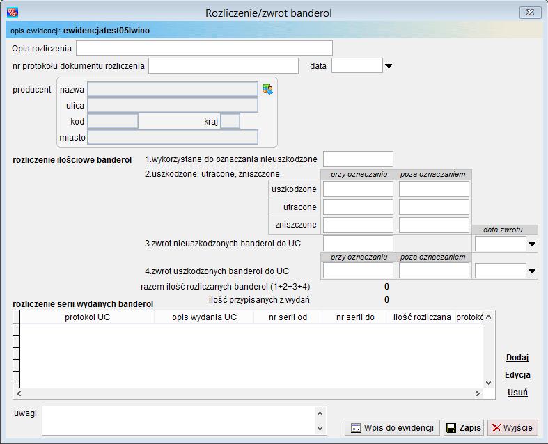 Aby zaewidencjonować rozliczenie banderol/zwrotów należy wcisnąć przycisk <Dodaj>. Do pól określających dane rozliczenia/zwrotów należy wpisać dane tj.
