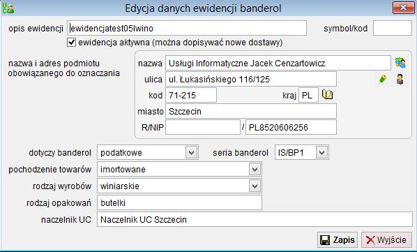 Do pól określających dane pozwolenia należy wpisać: Opis ewidencji numer pozwolenia wraz z datą nadany przez właściwy UC Ewidencja aktywna pole musi być zaznaczone dla każdej ewidencji, dla której