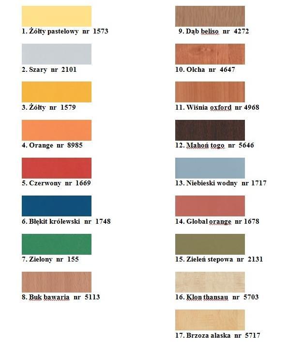 Wzory kolorów blatów: Ceny z VAT Blaty uczniowskie w standardzie są w kolorze buk Dopłata 6 % - blaty w kolorze olcha, wiśnia oxford, klon thansau, brzoza alaska Dopłata 12 % - blaty w kolorze: