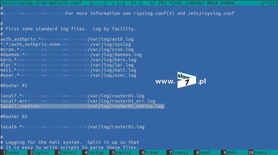 16 (Pobrane z slow7.pl) Sprawdźmy zatem wprowadzoną zmianę i jeszcze raz wygenerujmy zdarzenie. Jak widać poniżej wprowadzona przez Nas zmiana spowodowała zapis logów w pliku: routerr1_notice.