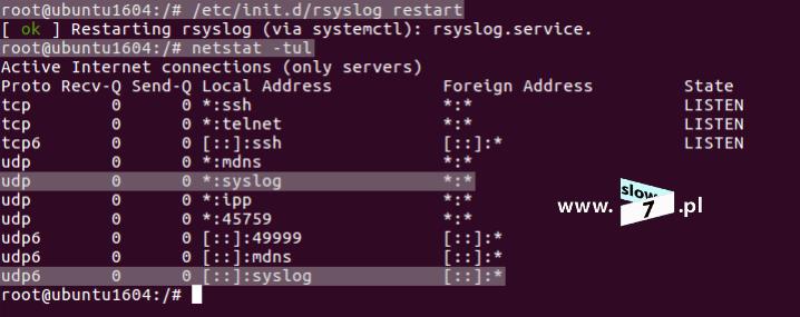 8 (Pobrane z slow7.pl) Bardziej szczegółowe informacje uzyskamy wydają komendę: netstat -ulpn Mamy pewność, że serwer Syslog oczekuje na nadchodzące połączenia.