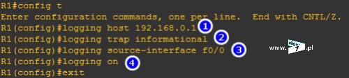 1 - określamy adres IP serwer Syslog z wykorzystaniem polecenia: logging host <adres_ip_serwera_syslog>, 2- określamy poziom wysyłanych komunikatów - polecenie: logging trap <poziom>, 3 - za pomocą