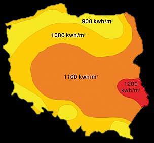 Mapa nasłonecznienia Polski Dla Polski natężenie promieniowania słonecznego mieści się w