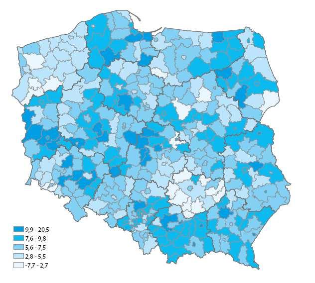 Mapa 4 Wartość Lokalnego Wskaźnika Rozwoju Społecznego (LHDI) w powiatach według danych na koniec 2010 r. (wskaźnik przyjmuje wartość 1 100).