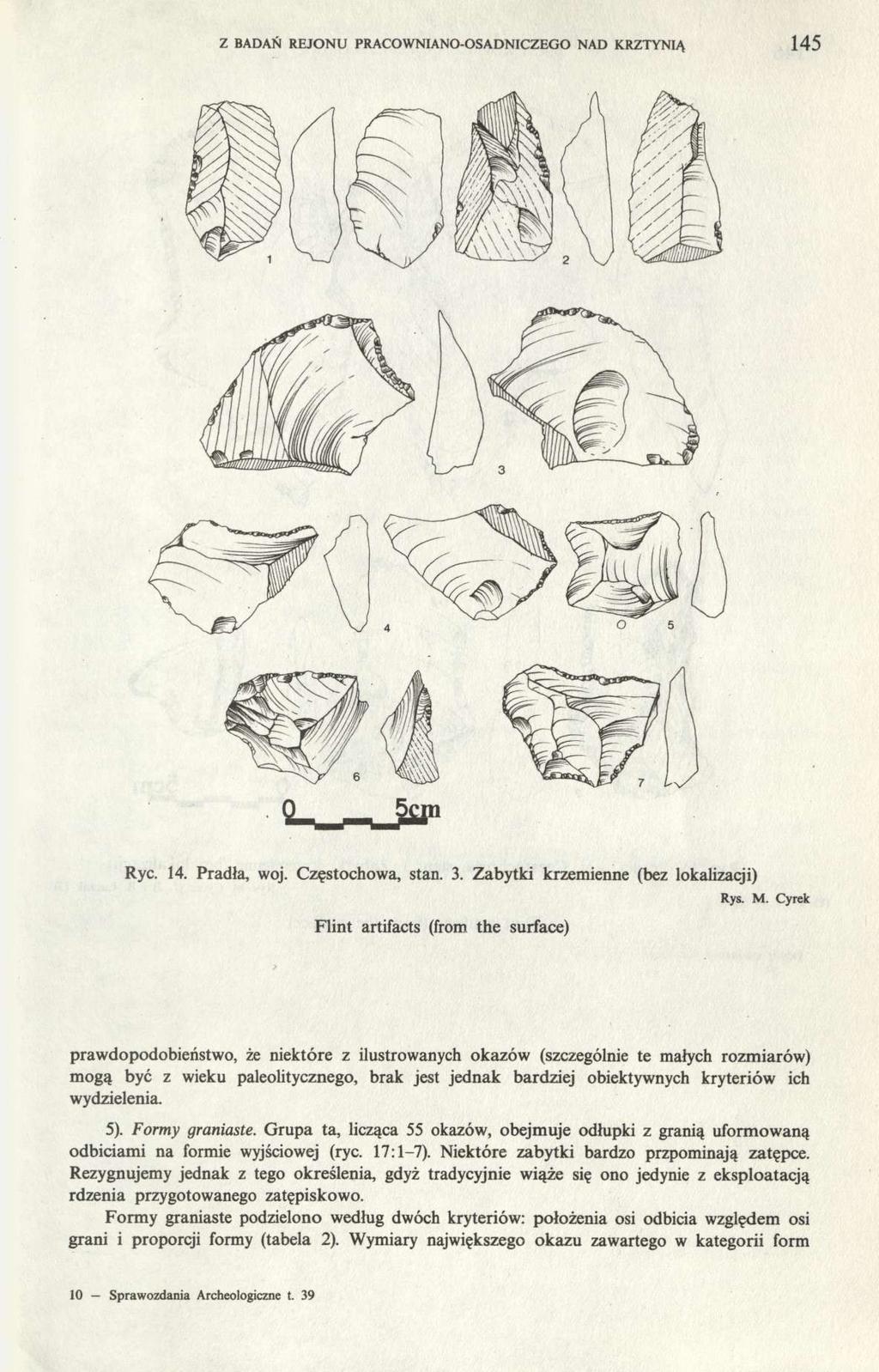 Z BADAŃ REJONU PRACOWNIANO-OSADNICZEGO NAD KRZTYNIĄ 145 Ryc. 14. Pradła, woj. Częstochowa, stan. 3. Zabytki krzemienne (bez lokalizacji) Flint artifacts (from the surface) Rys. M.