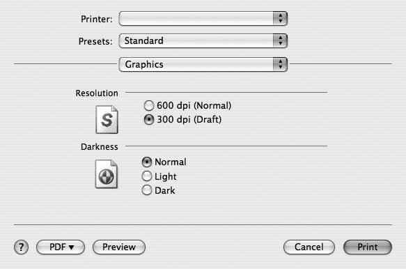 Graphics Karta Graphics zawiera opcje umożliwiające wybór opcji Resolution(Quality) oraz Darkness. Wybierz opcję Graphics z listy rozwijalnej Presets, aby uzyskać dostęp do funkcji graficznych.
