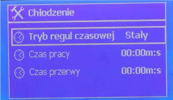 6.2.1 EKRAN CHŁODZENIA WIĘCEJ OPCJI Regulacja czasowa: Dostęp do czasu chłodzenia (zobacz 6.2.1.1.). Oddziaływania: Dostęp do wpływów chłodzenia (zobacz 6.2.1.2.). Chłodz.