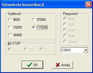 Szybkość transmisji należy pozostawić bez zmian czyli ma być zaznaczona wartość 115200. Teraz możemy przeprowadzić test komunikacji wybierając z menu Komunikacja a następnie Test COM.