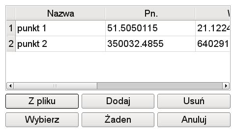 Ekran wyboru punktu zawiera listę punktów dostępnych do tyczenia. Wybierz - jeśli na liście wybrano punkt, uruchamia funkcję tyczenia. Żaden - przerywa działanie funkcji tyczenia jeśli jest aktywna.