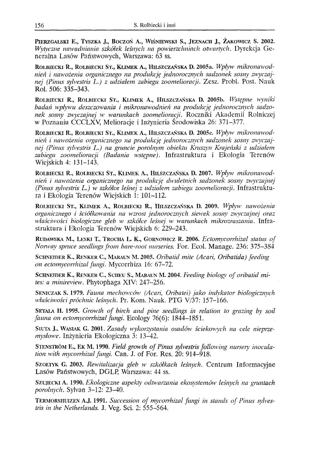 156 S. Rolbiecki i inni PlERZGALSKI E., TYSZKA J., BOCZOŃ A., WIŚNIEWSKI S., JEZNACH J., ŻAKOWICZ S.. Wytyczne naadniania szkółek leśnych na poierzchniach otartych.