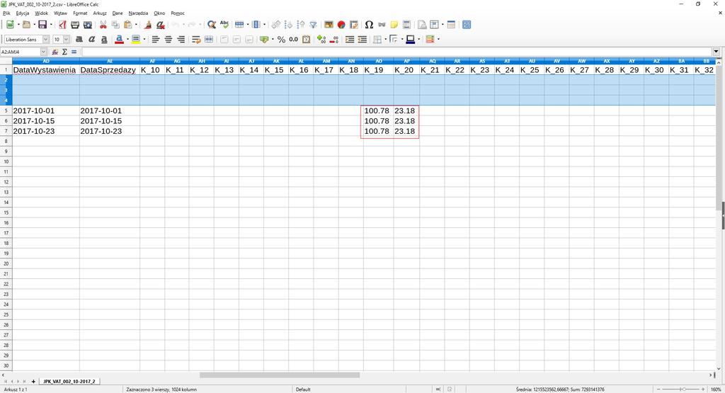 JPK_VAT przygotowanie danych Przygotowanie pliku CSV w arkuszu kalkulacyjnym W odpowiednich kolumnach o symbolach od K_10 do K_39 wypełniamy