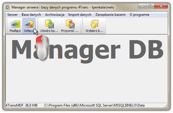 15 3313 Odłączenie bazy danych 1 Po udanym zalogowaniu się (podłączeniu) do bazy danych w oknie Manager serwera i bazy danych programu 4Trans (rys poniżej) należy wybrać z menu Baza danych polecenie