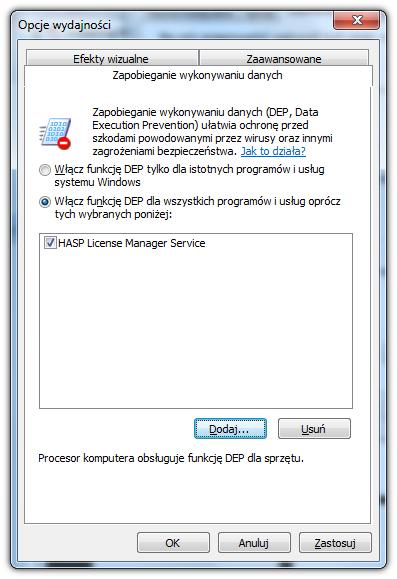 19 Rys Wygląd zakładki zapobiegania wykonywania danych po dodaniu wyjątku Po zakończeniu procesu instalacji HASP License Manager działa bez żadnych dodatkowych ustawień 34 Windows 8 1 Wejdź na