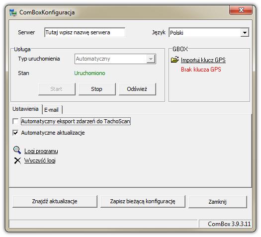 21 3 Zaimportować klucz GBOX (jeśli nie posiadasz klucza skontaktuj się ze sprzedawcą programu) 4 W polu Usługa kliknij na przycisk: [Start] jeśli usługa nie jest uruchomiona 5 Kliknąć na przycisk: