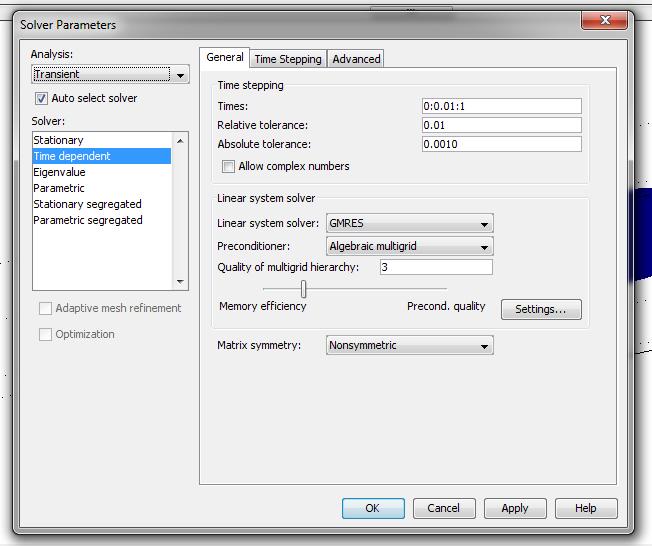 Następnie w zakładce solver parameters został określony czas