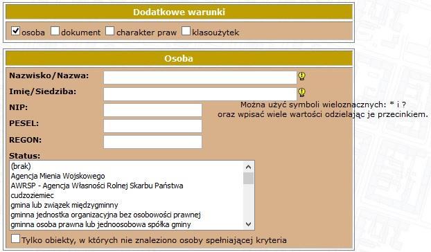 Podstawowymi kryteriami wyszukiwania są zawarte w rozwijalnych listach wyboru atrybuty: jednostka ewidencyjna, obręb, numer działki.