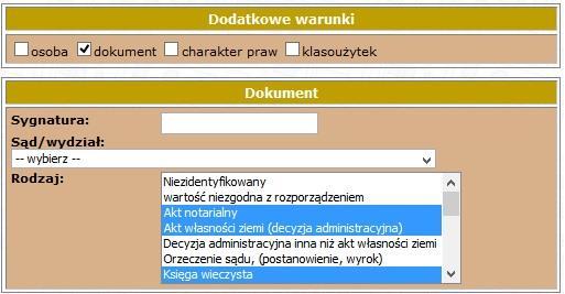 Rys. 7. Panel wyszukiwania nieruchomości poprzez informacje o dokumentach.