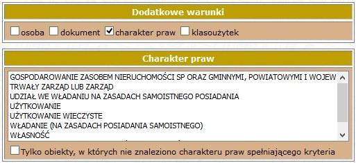 Panel wyszukiwania nieruchomości poprzez informacje o charakterze praw. Rys.