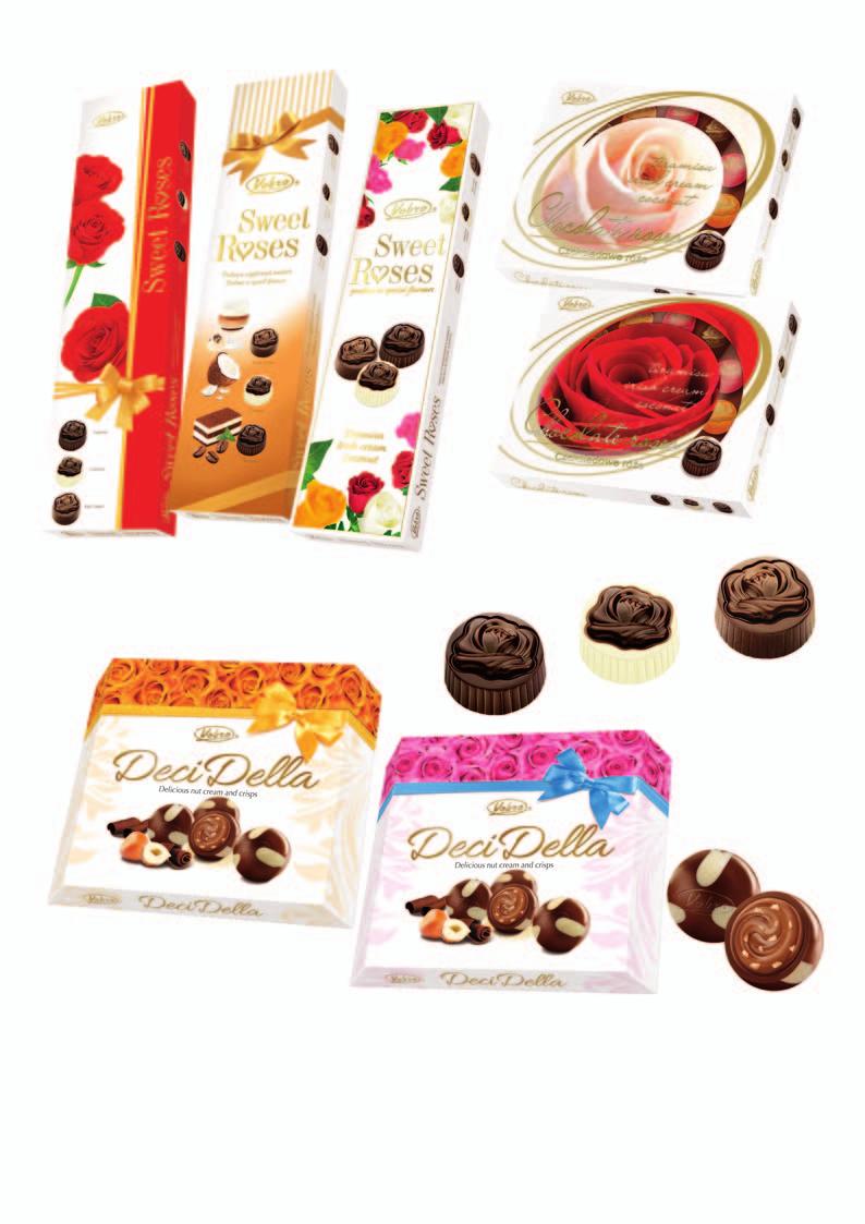 33 Chocolate Roses (145 g) 32 Sweet Roses (206 g) Praliny z czekolady mlecznej, deserowej i białej nadziewane kremem o smaku tiramisu, Irish cream i kokosowym 34 DeciDella (165 g) Praliny z czekolady