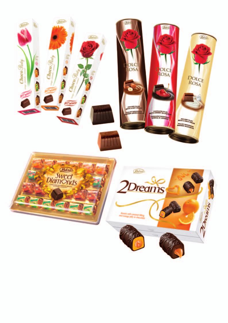 35 Choco Party Best Wishes (75 g) Praliny z czekolady deserowej i mlecznej nadziewane kremem o smaku karmelowym, pomarańczowym i pistacjowym 36 Dolce Rosa (90 g) Czekoladki deserowe nadziewane wiśnią